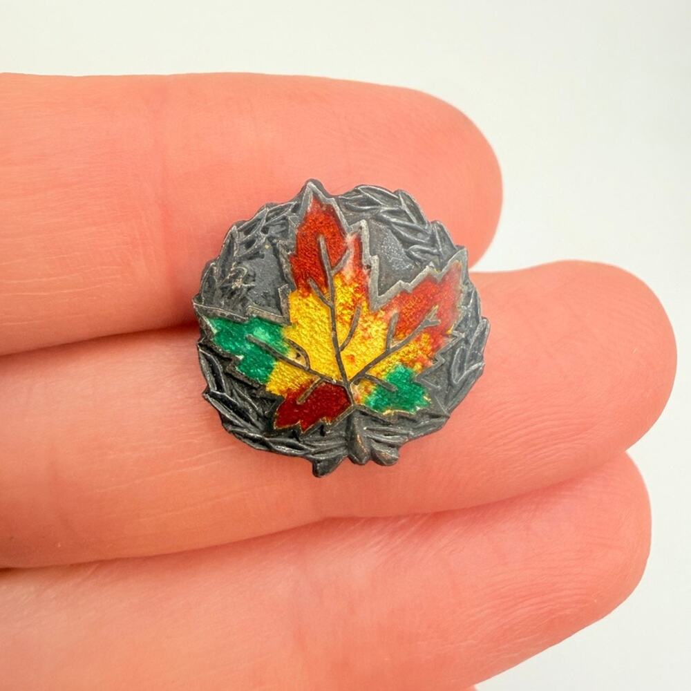 Antique Sterling Silver Canada Maple Leaf Enamel Pin Brooch Fall Colors Signed